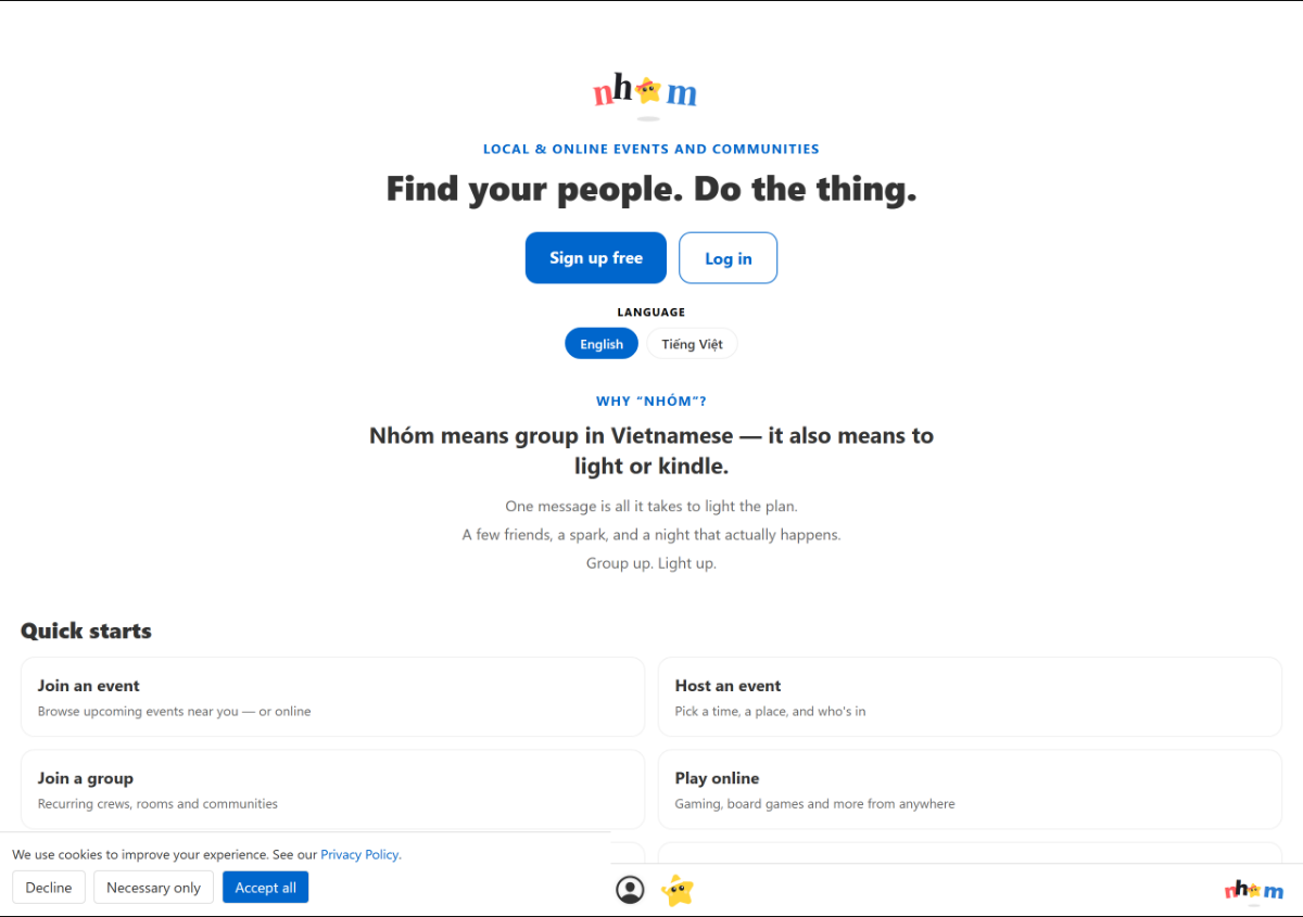 The Nhom home screen, showing the tagline, signup and quick starts